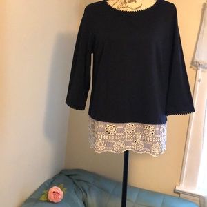 Boden Navy Top with White Lace Hem